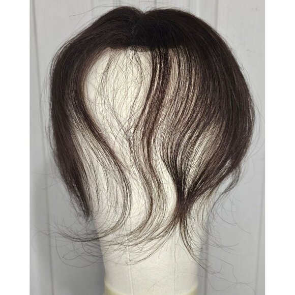 10 in Human Hair Clip Topper Dark Brown Cocoa Wispy Bangs Thinning Hair Wiglet - Picture 3 of 5